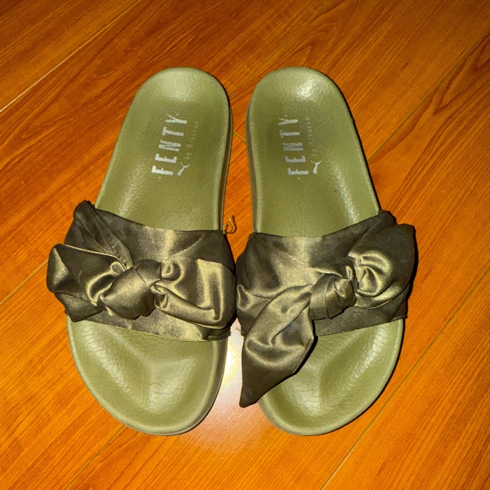 Puma Green Satin Bow Slide Sandals